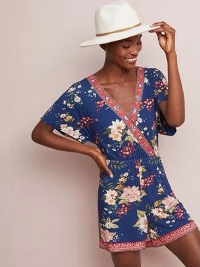 Farm Rio for Anthropologie Estelle V Neck Romper in Blue Floral Size XS